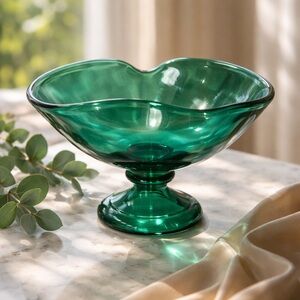 Fostoria Decorator Collection teal green glass heart-shaped pedestal compote
